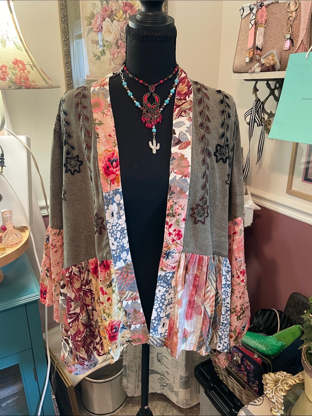 Embroidered Young Threads Olive Green Patchwork Open Short Patchwork Kimono Lg .